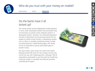 Who do you trust with your money on mobile? 
OVERVIEW DATA INSIGHTS 
43 
Do the banks have it all 
locked up? 
The money transfer services deployed by mobile operators 
in some under developed markets have prompted many 
commentators to predict similar adoption patterns in 
developed markets. However, the unbanked population 
and lack of alternatives are the principal reasons for the 
uptake of mobile money transfer in developing markets 
such as Africa. In Australia, transferring money is simple 
via online banking or mobile banking apps, with almost 
a third of respondents having used mobile apps to 
transfer money. 
Our big 4 banks’ early moves into online and mobile 
banking has left little room for new entrants, but this may 
not be the case with mobile payments. Although 73% of 
respondents would prefer to use their bank for transferring 
money by mobile, it is possible that alternate providers 
could disrupt this space. 
 