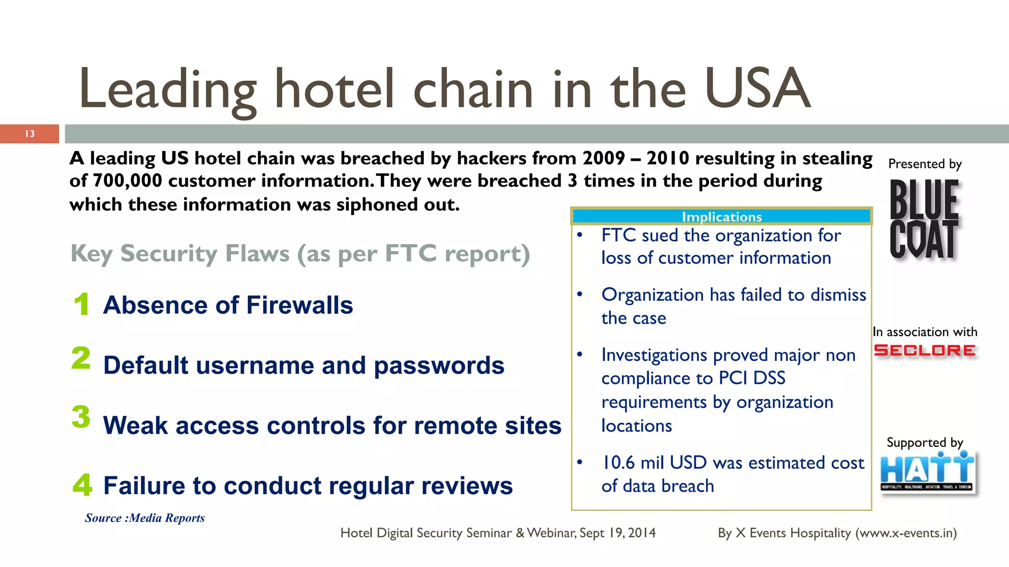Presented by 
In association with 
Supported by 
Leading hotel chain in the USA 
Key Security Flaws (as per FTC report) 
Absence of Firewalls 
Default username and passwords 
Weak access controls for remote sites 
4 Failure to conduct regular reviews 
Implications 
By X Events Hospitality Hotel Digital Security Seminar & Webinar, Sept 19, 2014 (www.x-events.in) 
13 
A leading US hotel chain was breached by hackers from 2009 – 2010 resulting in stealing 
of 700,000 customer information. They were breached 3 times in the period during 
which these information was siphoned out. 
1 
2 
3 
• FTC sued the organization for 
loss of customer information 
• Organization has failed to dismiss 
the case 
• Investigations proved major non 
compliance to PCI DSS 
requirements by organization 
locations 
• 10.6 mil USD was estimated cost 
of data breach 
Source :Media Reports 
 
