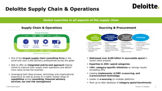 Comarch | ICT Breakfast© 2016 Deloitte Belgium 2
Deloitte Supply Chain & Operations
Global expertise in all aspects of the supply chain
Supply Chain & Operations Sourcing & Procurement
 One of the largest supply chain consulting firms in the
world with over 2.000 advisory professionals across the globe
 Able to offer an integrated end-to-end approach helping
clients to improve their supply chain operations and deliver
more value across the business
 Leveraging both deep process, technology and organizational
experience as well as access to a highly ranked range of
capabilities across consulting, financial advisory
services, tax and risk management
 Addressed over $100 billion in sourceable spend in
recent client projects
 Expertise in 250+ spend categories
 140+ category-specific initiatives w/ savings results
exceeding 20%
 Leading implementer of ERP, e-sourcing, and
e-procurement technology
 Leader in e-sourcing on multiple platforms
 Most up-to-date database of category spend benchmarks
 