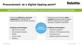 Comarch | ICT Breakfast© 2016 Deloitte Belgium 6
Procurement: at a digital tipping point?
Digital technologies have the potential to help and transform the procurement function
Improving efficiency and user
experience of operational &
transactional procurement activities
Improving procurement value
creation through evidence-based
decision making and increased
accuracy & speed of execution
Digital
technologies
Enabling technologies:
• Self-service portals
• Cloud based solutions
• Mobile
• Social media
• Robotics
Enabling technologies:
• Cognitive analytics
• Internet of things/everything
• Crowdsourcing
• Digital analytics & reporting
 