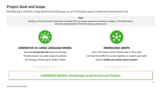 © 2024 Deloitte The Netherlands
Developing a chatbot using advanced techniques as an innovative way to improve humanitarian aid
Project Goal and Scope
Goal
Develop a Proof-of-Concept Generative AI chatbot that can answer questions of Ukrainian refugees in the Netherlands,
using the existing Helpful Information App as a data source
8
GENERATIVE AI: LARGE LANGUAGE MODEL
Generate human-like text based on prompts
Provide answers to a wide range of questions
No training or finetuning of model needed
KNOWLEDGE GRAPH
Store information and its relationships to other data
Link data from different sources together, to make it searchable
Extract reliable and context-aware answers
COMBINED MODEL: Knowledge Graph-Enhanced Chatbot
 