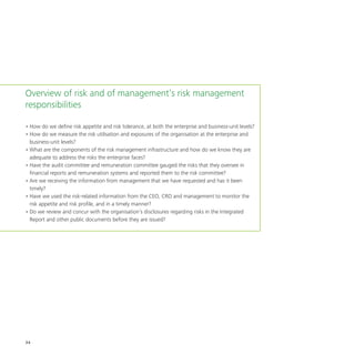 34
Overview of risk and of management’s risk management
responsibilities
•	How do we define risk appetite and risk tolerance, at both the enterprise and business-unit levels?
•	How do we measure the risk utilisation and exposures of the organisation at the enterprise and
business-unit levels?
•	What are the components of the risk management infrastructure and how do we know they are
adequate to address the risks the enterprise faces?
•	Have the audit committee and remuneration committee gauged the risks that they oversee in
financial reports and remuneration systems and reported them to the risk committee?
•	Are we receiving the information from management that we have requested and has it been
timely?
•	Have we used the risk-related information from the CEO, CRO and management to monitor the
risk appetite and risk profile, and in a timely manner?
•	Do we review and concur with the organisation’s disclosures regarding risks in the Integrated
Report and other public documents before they are issued?
 