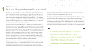 Where do things stand with workforce adoption?
Now: Where we are
1 Our latest survey results show that access to GenAI is still largely limited to less than
40% of the workforce. Also, for most organizations, fewer than 60% of workers who
have access to GenAI actually use it on a daily basis. This suggests many companies
have yet to integrate GenAI into their standard business workflows. It also raises the
chicken-and-egg question of whether limited access to GenAI is inhibiting comfort and
uptake with the technology (and stifling innovation), or whether the lack of high-value,
innovative use cases is limiting interest and adoption.
For GenAI to become truly transformational, it will likely require greater numbers of
workers experimenting and leveraging the technology to identify new, high-impact use
cases within the business. “Within our organization, the demand for GenAI use cases
and innovation primarily comes from middle management and employees, rather than
being driven by the C-suite,” said the director of product management for GenAI, cloud
and data centers at a leading semiconductor company. “While the C-suite has been
slower to engage in AI implementation, teams across the company are developing
proofs-of-concept and driving AI adoption through internal boards and governance
structures. This bottom-up approach emphasizes improving workflows and test cases,
with leadership providing support as needed for broader integration.”
Of course, access alone does not equate success. Providing access to GenAI does
not mean workers will use it. Conversely, workers with a burning desire to use GenAI
will likely find a way to do so, with or without approval. However, in order to foster
transformation and maintain some level of control over how GenAI is used within the
enterprise, it generally makes sense to offer broad workforce access to sanctioned
GenAI tools, supported by clear guidelines for proper use.
“Currently, GenAI adoption is driven by internal demand, with early adopters seeking
to use the tools to meet their specific needs,” said the head of GenAI in product
management at a major technology company. “However, we expect a shift towards
push-driven adoption in the next year, where all business units will be required to
integrate the platform as it becomes an approved and proven tool. This shift will create
pressure for teams to leverage the technology or risk missing out on the benefits it offers.”
“
Currently, GenAI adoption is driven
by internal demand, with early
adopters seeking to use the tools to
meet their specific needs …”
— 
Head of Generative AI, project management at major technology company
17
 