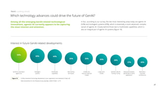 Among all the emerging GenAI-related technological
innovations, agentic AI currently appears to be capturing
the most interest and attention.
In fact, according to our survey, the two most interesting areas today are agentic AI
(52%) and multiagent systems (45%), which is essentially a more advanced, complex
variant of agentic AI. Closely behind those two is multimodal capabilities, which is
also an integral part of agentic AI systems (figure 10).
Interest in future GenAI-related developments
Figure 10 Q: What Generative AI technology developments is your organization most interested in? (Select all)
State of Generative AI in the Enterprise Survey, (July/Sept. 2024) N (Total) = 2,773
52%
GenAI for automation
(agentic AI)
45%
Multiagent
systems
Synthetic data for
training / tuning
Large action
models
Advanced hardware
specifically for GenAI
applications
44%
Multimodal
capabilities
New training
techniques
35%
Smaller, less
resource-intensive
models
35% 30%
Alternative /
improved
architectures
28%
21%
Next: Looking ahead
Which technology advances could drive the future of GenAI?
20%
27
 