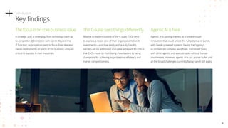 The focus is on core business value.
A strategic shift is emerging, from technology catch-up
to competitive differentiation with GenAI. Beyond the
IT function, organizations tend to focus their deepest
GenAI deployments on parts of the business uniquely
critical to success in their industries.
The C-suite sees things differently.
Relative to leaders outside of the C-suite, CxOs tend
to express a rosier view of their organization’s GenAI
investments—and how easily and quickly GenAI’s
barriers will be addressed and value achieved. It’s critical
that CxOs move on from being cheerleaders to being
champions for achieving organizational efficiency and
market competitiveness.
Agentic AI is here.
Agentic AI is gaining interest as a breakthrough
innovation that could unlock the full potential of GenAI,
with GenAI-powered systems having the “agency”
to orchestrate complex workflows, coordinate tasks
with other agents, and execute tasks without human
involvement. However, agentic AI is not a silver bullet and
all the broad challenges currently facing GenAI still apply.
Introduction
Key findings
6
 