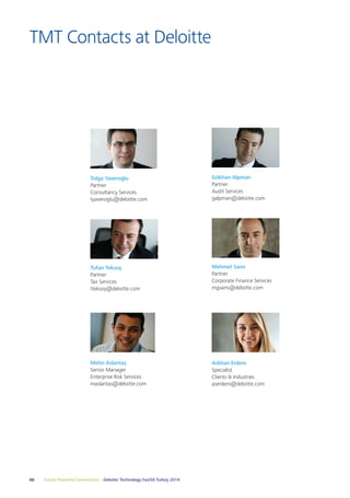 TMT Contacts at Deloitte 
Tolga Yaveroğlu 
Partner 
Consultancy Services 
tyaveroglu@deloitte.com 
Tufan Teksoy 
Partner 
Tax Services 
tteksoy@deloitte.com 
Metin Aslantaş 
Senior Manager 
Enterprise Risk Services 
maslantas@deloitte.com 
66 Create Powerful Connections – Deloitte Technology Fast50 Turkey 2014 
Gökhan Alpman 
Partner 
Audit Services 
galpman@deloitte.com 
Mehmet Sami 
Partner 
Corporate Finance Services 
mgsami@deloitte.com 
Aslıhan Erdem 
Specialist 
Clients & Industries 
aserdem@deloitte.com 
 