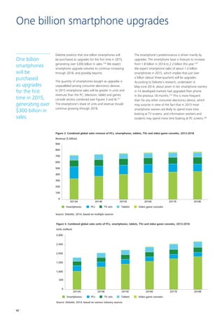 Deloitte predicts that one billion smartphones will
be purchased as upgrades for the first time in 2015,
generating over $300 billion in sales.276
We expect
smartphone upgrade volumes to continue increasing
through 2018, and possibly beyond.
The quantity of smartphones bought as upgrades is
unparalleled among consumer electronics devices.
In 2015 smartphone sales will be greater in units and
revenues than the PC, television, tablet and games
console sectors combined (see Figures 3 and 4).277
The smartphone’s share of units and revenue should
continue growing through 2018.
The smartphone’s predominance is driven mainly by
upgrades. The smartphone base is forecast to increase
from 1.8 billion in 2014 to 2.2 billion this year.278
We expect smartphone sales of about 1.4 billion
smartphones in 2015, which implies that just over
a billion (about three‑quarters) will be upgrades.
According to Deloitte’s research, undertaken in
May‑June 2014, about seven in ten smartphone owners
in 14 developed markets had upgraded their phone
in the previous 18 months.279
This is more frequent
than for any other consumer electronics device, which
may surprise in view of the fact that in 2015 most
smartphone owners are likely to spend more time
looking at TV screens, and information workers and
students may spend more time looking at PC screens.280
One billion smartphone upgrades
0
100
200
300
400
500
600
700
800
900
2018E2017E2016E2015E2014E2013A
Smartphones
Source: Deloitte, 2014, based on multiple sources
Revenue ($ billion)
Figure 3. Combined global sales revenue of PCs, smartphones, tablets, TVs and video game consoles, 2013-2018
PCs TabletsTV sets Video game consoles
0
500
1,000
1,500
2,000
2,500
3,000
2018E2017E2016E2015E2014E2013A
Smartphones
Source: Deloitte, 2014, based on various industry sources
Units (million)
Figure 4. Combined global sales units of PCs, smartphones, tablets, TVs and video game consoles, 2013-2018
PCs TabletsTV sets Video game consoles
One billion
smartphones
will be
purchased
as upgrades
for the first
time in 2015,
generating over
$300 billion in
sales.
42
 