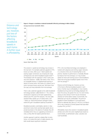 The variation in speeds by technology may increase in
the near‑term. For example a planned upgrade to FTTC,
known as G.Fast, offers up to 1 Gbit/s speeds over
existing copper connections, by increasing the range
of frequencies over which broadband signals travel.307
The drawback with this approach is that it works over
very short distances – ideally 100 meters or less. This is
an acceptable distance in neighborhoods packing in
dozens of homes within 100 meters of a cabinet, but in
some rural areas homes may be over 100 meters from
the road, and many kilometers from the exchange.
There is also a planned upgrade to the cable broadband
technology standard, called DOCSIS 3.1. This is being
introduced in response to the faster speeds being
offered over FTTC and FTTH networks. The new cable
standard offers speeds up to 10 Gbit/s down, and
1 Gbit/s up. These enhancements will again further
extend the gulf in broadband speed by household.308
Broadband providers could deploy cabinets in close
proximity to every home wanting high speeds, but as
private businesses in the absence of subsidy, they will
inevitably tend to focus on upgrading connections in
cities, as they offer the highest potential return.
Another approach could be to deploy fiber to every
home, or to extend the reach of cable networks, but
both would require significant investment.
FTTC is the most likely technology to be deployed in
markets with ubiquitous pre‑existing copper networks:
it is a fraction of the cost of extending fiber to the
premise. However its performance is markedly affected
by distance from the exchange, so it may increase
speeds for those with existing access to fast broadband,
rather than bring slow broadband speeds more in‑line
with the average.309
Distance and technology are, however, just two
of the factors affecting broadband speeds in each
home. A further issue is affordability. In most markets,
broadband pricing varies by technology deployed; the
faster the service, the greater the cost. For some homes,
paying an extra $20 per month may be immaterial,
whereas for homes below median income levels, this
additional cost may be unaffordable. The premium
payable for faster broadband is a principal reason
behind its relatively slow take‑up. In the UK, as of March
2014, only 14 percent of homes passed had subscribed
to either FTTC or FTTP.310
Affordability means that variation in broadband speeds
will also exist within the same neighborhood, based on
income levels, as well between urban, suburban and
rural households.
Fibre
Source: Point Topic, 2014
Average downstream bandwidth, Mbit/s
Figure 8. Changes in standalone residential bandwidth offered by technology in Mbit/s (Global)
DSL Cable
Quarter
0
20
40
60
80
100
120
Q3
2014
Q2
2014
Q1
2014
Q4
2013
Q3
2013
Q2
2013
Q1
2013
Q4
2012
Q3
2012
Q2
2012
Q1
2012
Q4
2011
Q3
2011
Q2
2011
Q1
2011
Q4
2010
Q3
2010
Q2
2010
Distance and
technology
are, however,
just two of
the factors
affecting
broadband
speeds in
each home.
A further issue
is affordability.
48
 