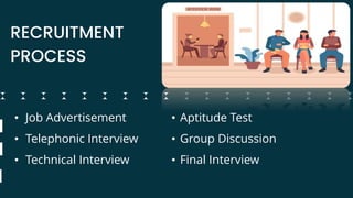 • Job Advertisement
• Telephonic Interview
• Technical Interview
RECRUITMENT
PROCESS
• Aptitude Test
• Group Discussion
• Final Interview
 