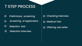 7 STEP PROCESS
Checking interview
Medical Test
Offering Job Letter
Preliminary screening
Screening of Application
Selection test
Selection interview
 