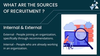 WHAT ARE THE SOURCES
OF RECRUITMENT ?
Internal & External
External - People joining an organization,
specifically through recommendations.
Internal – People who are already working
in an organization.
 