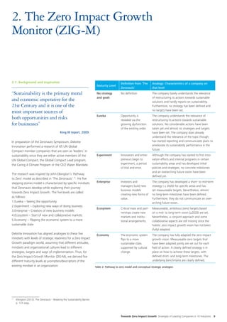 2. The Zero Impact Growth
Monitor (ZIG-M)


2.1. Background and inspiration                                                                  Definition from ‘The      Analogy: Characteristics of a company on
                                                                             Maturity Level
                                                                                                 Zeronauts’                that level
“Sustainability is the primary moral                                         No strategy         No definition             The company barely understands the relevance
                                                                             and goals                                     of restructuring its actions towards sustainable
and economic imperative for the                                                                                            solutions and hardly reports on sustainability.
21st Century and it is one of the                                                                                          Furthermore, no strategy has been defined and
                                                                                                                           no targets have been set.
most important sources of
                                                                             Eureka              Opportunity is            The company understands the relevance of
both opportunities and risks                                                                     revealed via the          restructuring its actions towards sustainable
for businesses”                                                                                  growing dysfunction       solutions. No considerable actions have been
                                                                                                 of the existing order.    taken yet and almost no strategies and targets
                                            King III report, 2009                                                          have been set. The company does already
                                                                                                                           understand the relevance of the topic though,
In preparation of the Zeronauts Symposium, Deloitte                                                                        has started reporting and communicates plans to
Innovation performed a research of 65 UN Global                                                                            ameliorate its sustainability performance in the
                                                                                                                           future.
Compact member companies that are seen as ‘leaders’ in
sustainability since they are either active members of the                   Experiment          Innovators and entre-     Although the company has started its first inno-
UN Global Compact, the Global Compact Lead program,                                              preneurs begin to         vation efforts and internal programs in certain
the Caring 4 Climate Program or the CEO Water Mandate.                                           experiment, a period      sustainability areas and has developed initial
                                                                                                 of trial and error.       policies and strategies, no concrete milestones
                                                                                                                           and an overarching future vision have been
The research was inspired by John Elkington’s ‘Pathway
                                                                                                                           defined yet.
to Zero’ model as described in ‘The Zeronauts’ 17. His five
stepping-stones model is characterized by specific mindsets                  Enterprise          Investors and             The company has developed a short- to mid-term
                                                                                                 managers build new        strategy ( ≤ 2020) for specific areas and has
that Zeronauts develop while exploring their journey
                                                                                                 business models           set measureable targets. Nevertheless, almost
towards Zero Impact Growth. The five levels are called
                                                                                                 creating new forms of     no long-term milestones have been defined.
as follows:                                                                                      value.                    Furthermore, they do not communicate an over-
1.	 ureka – Seeing the opportunity
  E                                                                                                                        arching future vision.
2.	 xperiment – Exploring new ways of doing business
  E
                                                                             Ecosystem           Critical mass and part-   Measureable, ambitious (zero) targets based
3.	 nterprise – Creation of new business models
  E
                                                                                                 nerships create new       on a mid- to long-term vision (≥2020) are set.
4.	 cosystem – Start of new and collaborative markets
  E                                                                                              markets and institu-      Nevertheless, a conjoint approach and some
5.	 conomy – Flipping the economic system to a more
  E                                                                                              tional arrangements.      collaborative aspects are still missing since the
sustainable state                                                                                                          holistic zero impact growth vision has not been
                                                                                                                           (fully) adapted.
Deloitte Innovation has aligned analogies to these five                      Economy             The economic system       The company has fully adapted the zero impact
mindsets with levels of strategic readiness for a Zero Impact                                    flips to a more           growth vision. Measureable zero targets that
Growth paradigm world, assuming that different attitudes,                                        sustainable state,        have been adapted jointly are set out for each
mindsets and organizational cultures lead to different                                           supported by cultural     field of action. A clearly defined strategy is in
strategies, targets and ways of implementation. Thus, for                                        change.                   place on how to achieve these targets, with
the Zero Impact Growth Monitor (ZIG-M), we derived five                                                                    defined short- and long-term milestones. The
different maturity levels as prompters/descriptors of the                                                                  underlying benchmarks are clearly defined.
existing mindset in an organization:                                        Table 2: Pathway to zero model and conceptual strategic analogies




 	 Elkington (2012): The Zeronauts – Breaking the Sustainability Barrier,
17

   p. 123 seqq.



                                                                                                 Towards Zero Impact Growth Strategies of Leading Companies in 10 Industries   9
 