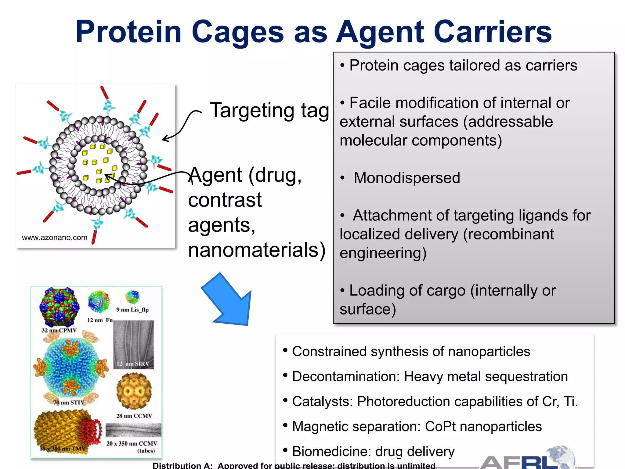 Protein Cages as Agent Carriers
www.azonano.com
Targeting tag
Agent (drug,
contrast
agents,
nanomaterials)
• Protein cages tailored as carriers
• Facile modification of internal or
external surfaces (addressable
molecular components)
• Monodispersed
• Attachment of targeting ligands for
localized delivery (recombinant
engineering)
• Loading of cargo (internally or
surface)
• Constrained synthesis of nanoparticles
• Decontamination: Heavy metal sequestration
• Catalysts: Photoreduction capabilities of Cr, Ti.
• Magnetic separation: CoPt nanoparticles
• Biomedicine: drug delivery
Distribution A: Approved for public release; distribution is unlimited
 