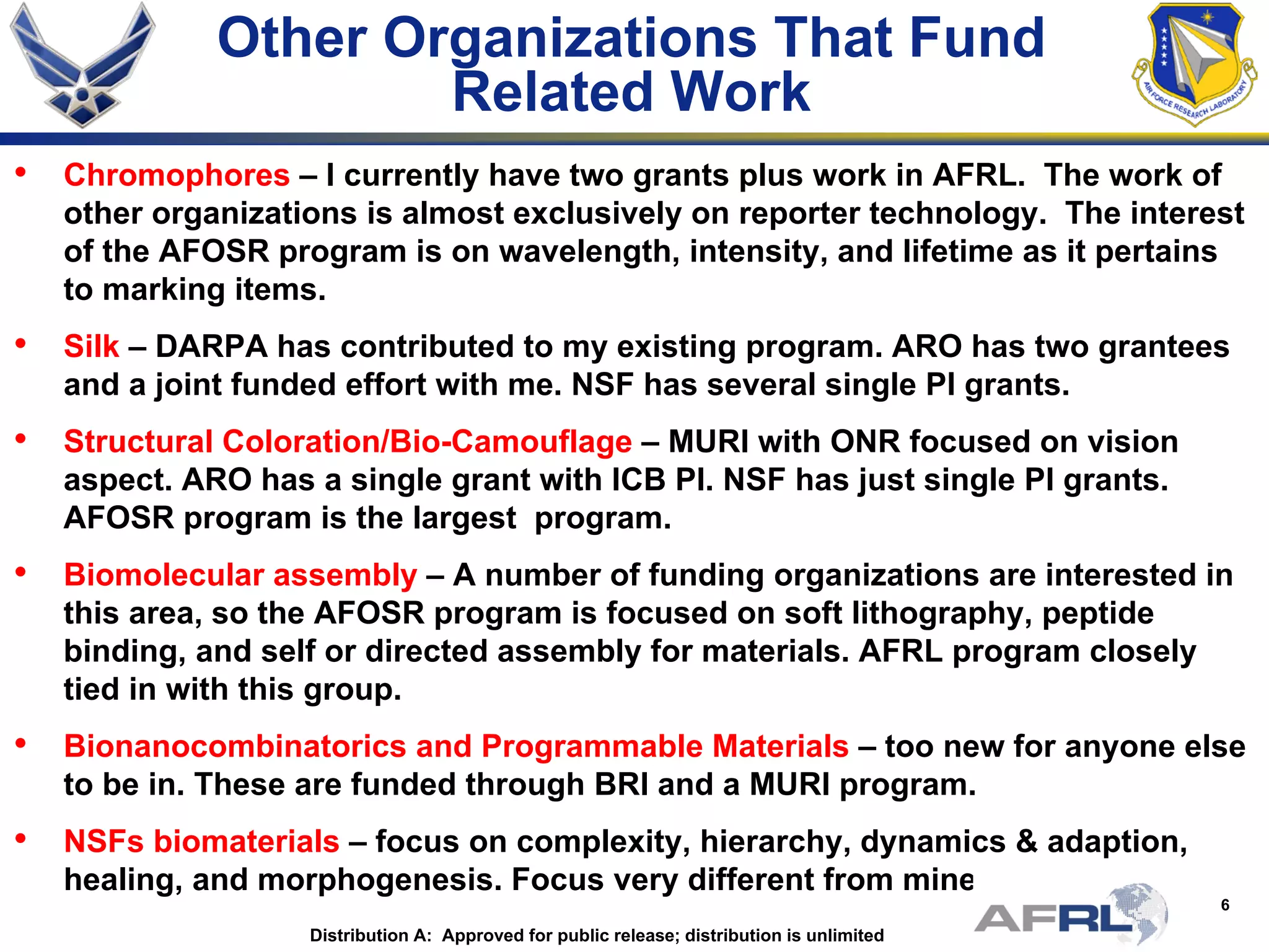 6
Other Organizations That Fund
Related Work
• Chromophores – I currently have two grants plus work in AFRL. The work of
other organizations is almost exclusively on reporter technology. The interest
of the AFOSR program is on wavelength, intensity, and lifetime as it pertains
to marking items.
• Silk – DARPA has contributed to my existing program. ARO has two grantees
and a joint funded effort with me. NSF has several single PI grants.
• Structural Coloration/Bio-Camouflage – MURI with ONR focused on vision
aspect. ARO has a single grant with ICB PI. NSF has just single PI grants.
AFOSR program is the largest program.
• Biomolecular assembly – A number of funding organizations are interested in
this area, so the AFOSR program is focused on soft lithography, peptide
binding, and self or directed assembly for materials. AFRL program closely
tied in with this group.
• Bionanocombinatorics and Programmable Materials – too new for anyone else
to be in. These are funded through BRI and a MURI program.
• NSFs biomaterials – focus on complexity, hierarchy, dynamics & adaption,
healing, and morphogenesis. Focus very different from mine.
Distribution A: Approved for public release; distribution is unlimited
 