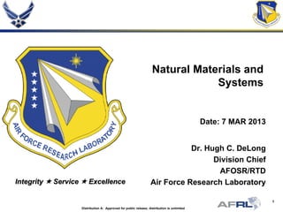 1
Integrity  Service  Excellence
Natural Materials and
Systems
Date: 7 MAR 2013
Dr. Hugh C. DeLong
Division Chief
AFOSR/RTD
Air Force Research Laboratory
Distribution A: Approved for public release; distribution is unlimited
 