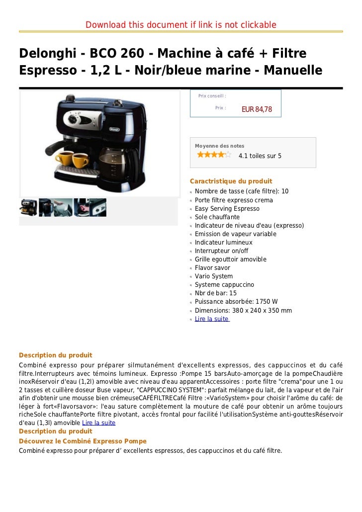 Delonghi bco 260 machine ã cafã© + filtre espresso 1,2 l noir