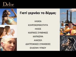 Γιατί γερνάει το δέρμα;
ΗΛΙΚΙΑ
ΚΛΗΡΟΝΟΜΙΚΟΤΗΤΑ
ΗΛΙΟΣ
ΚΑΙΡΙΚΕΣ ΣΥΝΘΗΚΕΣ
ΚΑΠΝΙΣΜΑ
ΑΛΚΟΟΛ
ΔΙΑΤΡΟΦΙΚΕΣ ΣΥΝΗΘΕΙΕΣ
ΕΛΛΕΙΨΗ ΥΠΝΟΥ
 