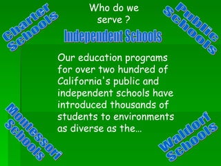 Our education programs for over two hundred of California's public and independent schools have introduced thousands of students to environments as diverse as the… Independent Schools Charter Schools Public Schools Waldorf Schools Montessori Schools Who do we serve ? 