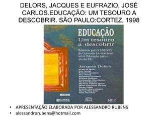 DELORS, JACQUES E EUFRAZIO, JOSÉ
    CARLOS.EDUCAÇÃO: UM TESOURO A
   DESCOBRIR. SÃO PAULO:CORTEZ, 1998




• APRESENTAÇÃO ELABORADA POR ALESSANDRO RUBENS
• alessandrorubens@hotmail.com
 