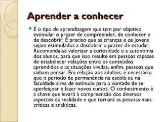 Aprender a conhecerAprender a conhecer
É o tipo de aprendizagem que tem por objetivo
estimular o prazer de compreender, de conhecer e
de descobrir. É preciso que as crianças e os jovens
sejam estimulados a descobrir o prazer de estudar.
Recomenda-se valorizar a curiosidade e a autonomia
dos alunos, para que isso resulte em pessoas capazes
de estabelecer relações entre os conteúdos
aprendidos e as situações vividas, enfim, pessoas que
saibam pensar. Em relação aos adultos, é necessário
que o período de permanência na escola ou na
faculdade sirva de estímulo para a vontade de se
aperfeiçoar e fazer novos cursos. O conhecimento é
a chave que levará à compreensão dos diversos
aspectos da realidade e que tornará as pessoas mais
críticas e analíticas.
 