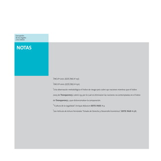 Corrupción:
de los ángeles
a los índices




 NOTAS




                 1
                 ENCUP-2001, (ESTE PAIS # 137).
                 2
                     ENCUP-2001, (ESTE PAIS # 150).
                 3
                     Una observación metodológica el Índice de riesgo-país cubre 140 naciones mientras que el Índice

                 2003 de Transparency cubrió 133, por lo cual se eliminaron las naciones no contempladas en el Índice

                 de Transparency y que distorcionaban la comparación.
                 4
                     “Cultura de la Legalidad”, Enrique Alduncin ESTE PAIS # 9.
                 5
                     (ver Artículo de Arturo Fernández “Estado de Derecho y Desarrollo Económico”, ESTE PAIS #138).
 