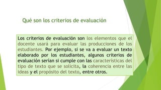 Qué son los criterios de evaluación
Los criterios de evaluación son los elementos que el
docente usará para evaluar las producciones de los
estudiantes. Por ejemplo, si se va a evaluar un texto
elaborado por los estudiantes, algunos criterios de
evaluación serían si cumple con las características del
tipo de texto que se solicita, la coherencia entre las
ideas y el propósito del texto, entre otros.
 