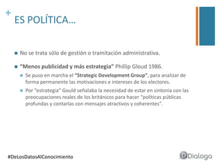 +
ES POLÍTICA…
 No se trata sólo de gestión o tramitación administrativa.
 “Menos publicidad y más estrategia” Phillip Gloud 1986.
 Se puso en marcha el “Strategic Development Group”, para analizar de
forma permanente las motivaciones e intereses de los electores.
 Por “estrategia” Gould señalaba la necesidad de estar en sintonía con las
preocupaciones reales de los británicos para hacer “políticas públicas
profundas y contarlas con mensajes atractivos y coherentes”.
#DeLosDatosAlConocimiento
 