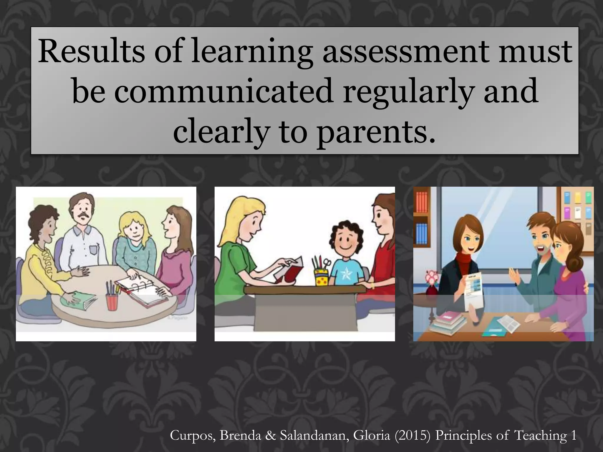 Results of learning assessment must
be communicated regularly and
clearly to parents.
Curpos, Brenda & Salandanan, Gloria (2015) Principles of Teaching 1
 