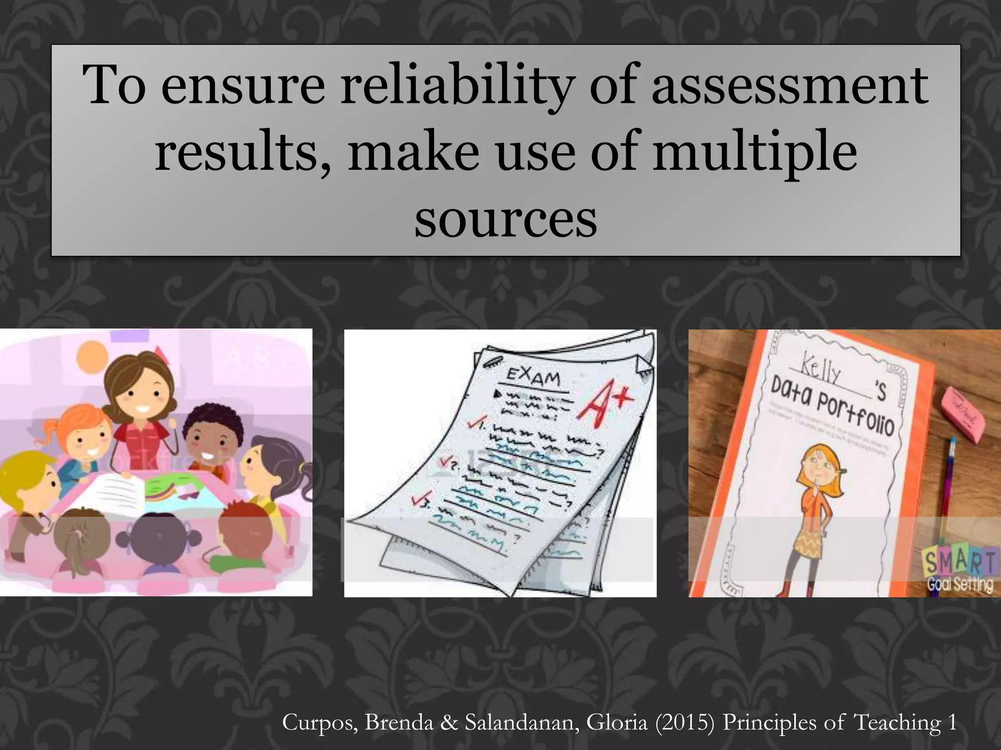 To ensure reliability of assessment
results, make use of multiple
sources
Curpos, Brenda & Salandanan, Gloria (2015) Principles of Teaching 1
 
