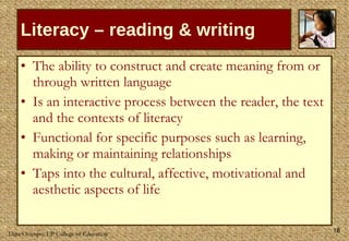 Literacy – reading & writing The ability to construct and create meaning from or through written language Is an interactive process between the reader, the text and the contexts of literacy Functional for specific purposes such as learning, making or maintaining relationships Taps into the cultural, affective, motivational and aesthetic aspects of life 