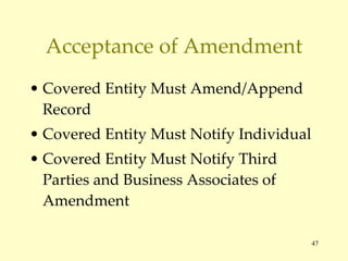 Acceptance of Amendment Covered Entity Must Amend/Append Record Covered Entity Must Notify Individual Covered Entity Must Notify Third Parties and Business Associates of Amendment 