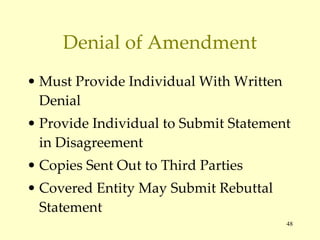 Denial of Amendment Must Provide Individual With Written Denial Provide Individual to Submit Statement in Disagreement Copies Sent Out to Third Parties Covered Entity May Submit Rebuttal Statement 