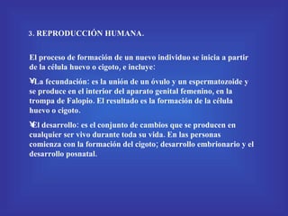3. REPRODUCCIÓN HUMANA. El proceso de formación de un nuevo individuo se inicia a partir de la célula huevo o cigoto, e incluye: La fecundación: es la unión de un óvulo y un espermatozoide y se produce en el interior del aparato genital femenino, en la trompa de Falopio. El resultado es la formación de la célula huevo o cigoto. El desarrollo: es el conjunto de cambios que se producen en cualquier ser vivo durante toda su vida. En las personas comienza con la formación del cigoto; desarrollo embrionario y el desarrollo posnatal. 