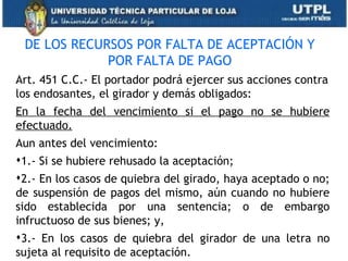 DE LOS RECURSOS POR FALTA DE ACEPTACIÓN Y
             POR FALTA DE PAGO
Art. 451 C.C.- El portador podrá ejercer sus acciones contra
los endosantes, el girador y demás obligados:
En la fecha del vencimiento si el pago no se hubiere
efectuado.
Aun antes del vencimiento:
1.- Si se hubiere rehusado la aceptación;
2.- En los casos de quiebra del girado, haya aceptado o no;
de suspensión de pagos del mismo, aún cuando no hubiere
sido establecida por una sentencia; o de embargo
infructuoso de sus bienes; y,
3.- En los casos de quiebra del girador de una letra no
sujeta al requisito de aceptación.
 