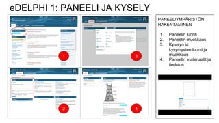 eDELPHI 1: PANEELI JA KYSELY
1
2
3
4
PANEELIYMPÄRISTÖN
RAKENTAMINEN
1. Paneelin luonti
2. Paneelin muokkaus
3. Kyselyn ja
kysymysten luonti ja
muokkaus
4. Paneelin materiaalit ja
tiedotus
 