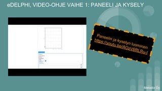 eDELPHI, VIDEO-OHJE VAIHE 1: PANEELI JA KYSELY
Metodix Oy
Paneelin ja kyselyn luominen
https://youtu.be/AOzV6RLRu-I
 