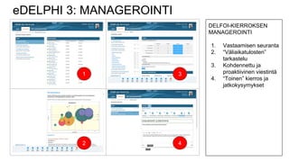 eDELPHI 3: MANAGEROINTI
1
2
3
4
DELFOI-KIERROKSEN
MANAGEROINTI
1. Vastaamisen seuranta
2. “Väliaikatulosten”
tarkastelu
3. Kohdennettu ja
proaktiivinen viestintä
4. “Toinen” kierros ja
jatkokysymykset
 