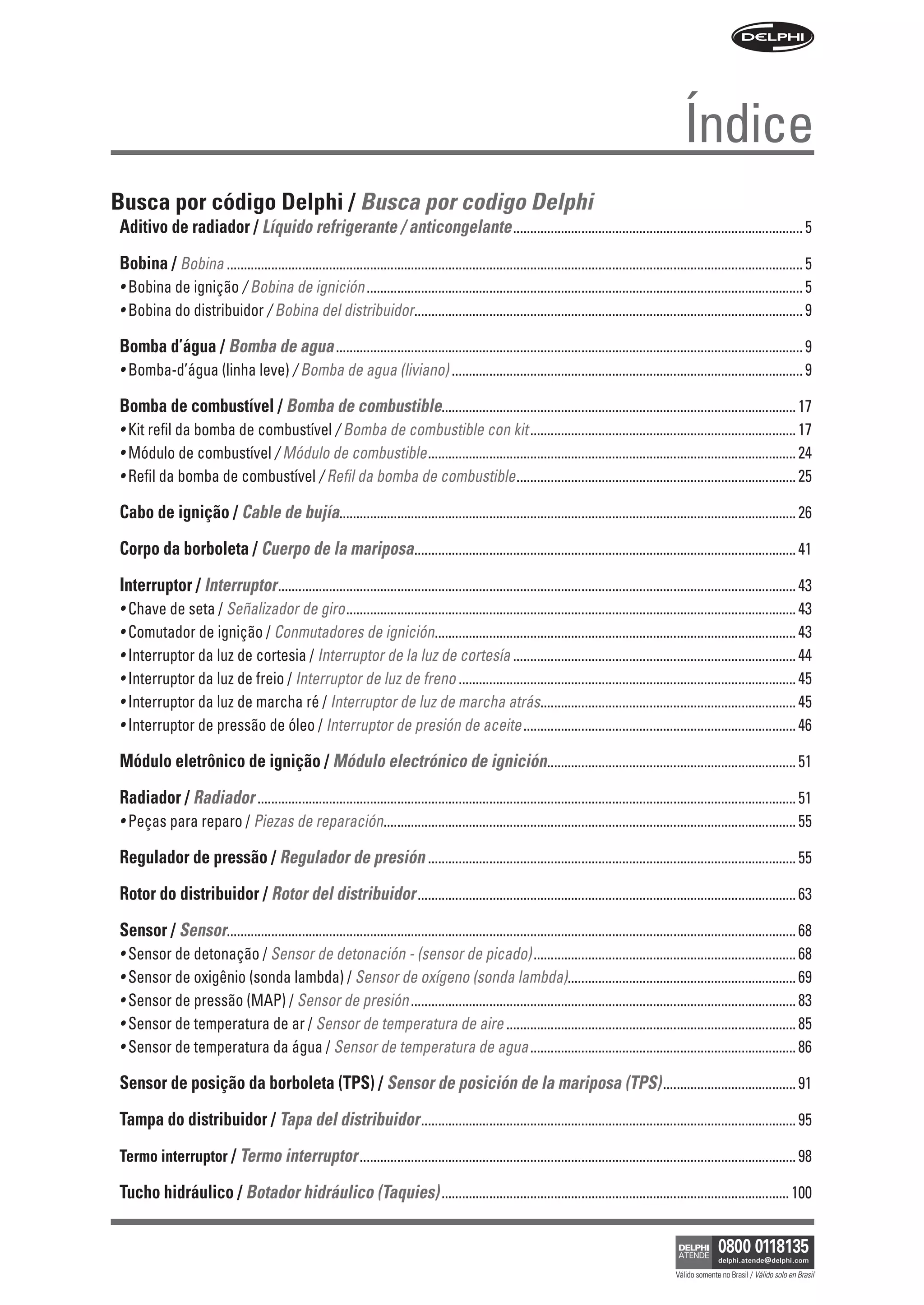 Índice
Busca por código Delphi / Busca por codigo Delphi
Aditivo de radiador / Líquido refrigerante / anticongelante ..................................................................................... 5
Bobina / Bobina ......................................................................................................................................................................... 5
• Bobina de ignição / Bobina de ignición ................................................................................................................................ 5
• Bobina do distribuidor / Bobina del distribuidor.................................................................................................................. 9

Bomba d’água / Bomba de agua ......................................................................................................................................... 9
• Bomba-d’água (linha leve) / Bomba de agua (liviano) ....................................................................................................... 9

Bomba de combustível / Bomba de combustible........................................................................................................ 17
• Kit refil da bomba de combustível / Bomba de combustible con kit .............................................................................. 17
• Módulo de combustível / Módulo de combustible ............................................................................................................ 24
• Refil da bomba de combustível / Refil da bomba de combustible .................................................................................. 25

Cabo de ignição / Cable de bujía...................................................................................................................................... 26
Corpo da borboleta / Cuerpo de la mariposa................................................................................................................ 41
Interruptor / Interruptor ........................................................................................................................................................ 43
• Chave de seta / Señalizador de giro .................................................................................................................................... 43
• Comutador de ignição / Conmutadores de ignición.......................................................................................................... 43
• Interruptor da luz de cortesia / Interruptor de la luz de cortesía ................................................................................... 44
• Interruptor da luz de freio / Interruptor de luz de freno ................................................................................................... 45
• Interruptor da luz de marcha ré / Interruptor de luz de marcha atrás........................................................................... 45
• Interruptor de pressão de óleo / Interruptor de presión de aceite ................................................................................ 46

Módulo eletrônico de ignição / Módulo electrónico de ignición......................................................................... 51
Radiador / Radiador .............................................................................................................................................................. 51
• Peças para reparo / Piezas de reparación......................................................................................................................... 55

Regulador de pressão / Regulador de presión ............................................................................................................ 55
Rotor do distribuidor / Rotor del distribuidor ............................................................................................................... 63
Sensor / Sensor....................................................................................................................................................................... 68
• Sensor de detonação / Sensor de detonación - (sensor de picado) ............................................................................. 68
• Sensor de oxigênio (sonda lambda) / Sensor de oxígeno (sonda lambda)................................................................... 69
• Sensor de pressão (MAP) / Sensor de presión ................................................................................................................. 83
• Sensor de temperatura de ar / Sensor de temperatura de aire ..................................................................................... 85
• Sensor de temperatura da água / Sensor de temperatura de agua .............................................................................. 86

Sensor de posição da borboleta (TPS) / Sensor de posición de la mariposa (TPS) ....................................... 91
Tampa do distribuidor / Tapa del distribuidor .............................................................................................................. 95
Termo interruptor / Termo interruptor ................................................................................................................................ 98

Tucho hidráulico / Botador hidráulico (Taquies) ...................................................................................................... 100



                                                                                                                                                      Válido somente no Brasil / Válido solo en Brasil
 