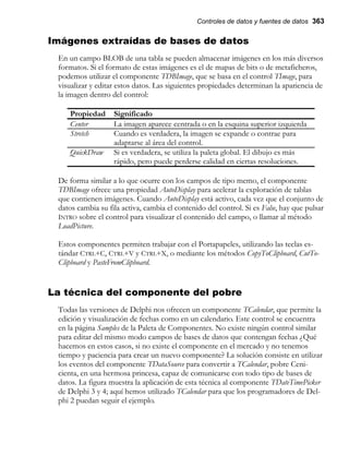 Controles de datos y fuentes de datos 363
Imágenes extraídas de bases de datos
En un campo BLOB de una tabla se pueden almacenar imágenes en los más diversos
formatos. Si el formato de estas imágenes es el de mapas de bits o de metaficheros,
podemos utilizar el componente TDBImage, que se basa en el control TImage, para
visualizar y editar estos datos. Las siguientes propiedades determinan la apariencia de
la imagen dentro del control:
Propiedad Significado
Center La imagen aparece centrada o en la esquina superior izquierda
Stretch Cuando es verdadera, la imagen se expande o contrae para
adaptarse al área del control.
QuickDraw Si es verdadera, se utiliza la paleta global. El dibujo es más
rápido, pero puede perderse calidad en ciertas resoluciones.
De forma similar a lo que ocurre con los campos de tipo memo, el componente
TDBImage ofrece una propiedad AutoDisplay para acelerar la exploración de tablas
que contienen imágenes. Cuando AutoDisplay está activo, cada vez que el conjunto de
datos cambia su fila activa, cambia el contenido del control. Si es False, hay que pulsar
INTRO sobre el control para visualizar el contenido del campo, o llamar al método
LoadPicture.
Estos componentes permiten trabajar con el Portapapeles, utilizando las teclas es-
tándar CTRL+C, CTRL+V y CTRL+X, o mediante los métodos CopyToClipboard, CutTo-
Clipboard y PasteFromClipboard.
La técnica del componente del pobre
Todas las versiones de Delphi nos ofrecen un componente TCalendar, que permite la
edición y visualización de fechas como en un calendario. Este control se encuentra
en la página Samples de la Paleta de Componentes. No existe ningún control similar
para editar del mismo modo campos de bases de datos que contengan fechas ¿Qué
hacemos en estos casos, si no existe el componente en el mercado y no tenemos
tiempo y paciencia para crear un nuevo componente? La solución consiste en utilizar
los eventos del componente TDataSource para convertir a TCalendar, pobre Ceni-
cienta, en una hermosa princesa, capaz de comunicarse con todo tipo de bases de
datos. La figura muestra la aplicación de esta técnica al componente TDateTimePicker
de Delphi 3 y 4; aquí hemos utilizado TCalendar para que los programadores de Del-
phi 2 puedan seguir el ejemplo.
 