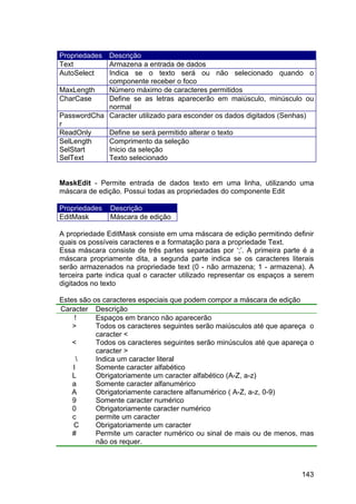 143
Propriedades Descrição
Text Armazena a entrada de dados
AutoSelect Indica se o texto será ou não selecionado quando o
componente receber o foco
MaxLength Número máximo de caracteres permitidos
CharCase Define se as letras aparecerão em maiúsculo, minúsculo ou
normal
PasswordCha
r
Caracter utilizado para esconder os dados digitados (Senhas)
ReadOnly Define se será permitido alterar o texto
SelLength
SelStart
SelText
Comprimento da seleção
Inicio da seleção
Texto selecionado
MaskEdit - Permite entrada de dados texto em uma linha, utilizando uma
máscara de edição. Possui todas as propriedades do componente Edit
Propriedades Descrição
EditMask Máscara de edição
A propriedade EditMask consiste em uma máscara de edição permitindo definir
quais os possíveis caracteres e a formatação para a propriedade Text.
Essa máscara consiste de três partes separadas por ‘;’. A primeira parte é a
máscara propriamente dita, a segunda parte indica se os caracteres literais
serão armazenados na propriedade text (0 - não armazena; 1 - armazena). A
terceira parte indica qual o caracter utilizado representar os espaços a serem
digitados no texto
Estes são os caracteres especiais que podem compor a máscara de edição
Caracter Descrição
! Espaços em branco não aparecerão
> Todos os caracteres seguintes serão maiúsculos até que apareça o
caracter <
< Todos os caracteres seguintes serão minúsculos até que apareça o
caracter >
 Indica um caracter literal
l Somente caracter alfabético
L Obrigatoriamente um caracter alfabético (A-Z, a-z)
a Somente caracter alfanumérico
A Obrigatoriamente caractere alfanumérico ( A-Z, a-z, 0-9)
9 Somente caracter numérico
0 Obrigatoriamente caracter numérico
c permite um caracter
C Obrigatoriamente um caracter
# Permite um caracter numérico ou sinal de mais ou de menos, mas
não os requer.
 