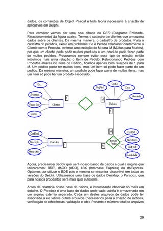 29
dados, os comandos de Object Pascal e toda teoria necessária à criação de
aplicativos em Delphi.
Para começar vamos dar uma boa olhada no DER (Diagrama Entidade-
Relacionamento) da figura abaixo. Temos o cadastro de clientes que armazena
dados sobre os clientes. Da mesma maneira, o cadastro de produtos. Para o
cadastro de pedidos, existe um problema: Se o Pedido relacionar diretamente o
Cliente com o Produto, teremos uma relação de M para M (Muitos para Muitos),
por que um cliente pode pedir muitos produtos e um produto pode fazer parte
de muitos pedidos. Procuramos sempre evitar esse tipo de relação, então
incluímos mais uma relação: o Item de Pedido. Relacionando Pedidos com
Produtos através de Itens de Pedido, ficamos apenas com relações de 1 para
M. Um pedido pode ter muitos itens, mas um item só pode fazer parte de um
pedido. Da mesma maneira, um produto pode fazer parte de muitos itens, mas
um item só pode ter um produto associado.
Agora, precisamos decidir qual será nosso banco de dados e qual a engine que
utilizaremos: BDE, dbGO (ADO), IBX (Interbase Express) ou dbExpress.
Optamos por utilizar o BDE pois o mesmo se encontra disponível em todas as
versões do Delphi. Utilizaremos uma base de dados Desktop, o Paradox, que
para nossos propósitos será mais que suficiente.
Antes de criarmos nossa base de dados, é interessante observar só mais um
detalhe. O Paradox é uma base de dados onde cada tabela é armazenada em
um arquivo externo separado. Cada um destes arquivos de dados pode ter
associado a ele vários outros arquivos (necessários para a criação de índices,
verificação de referências, validação e etc). Portanto o número total de arquivos
 