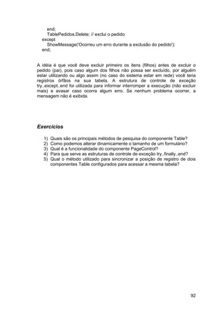 92
end;
TablePedidos.Delete; // exclui o pedido
except
ShowMessage('Ocorreu um erro durante a exclusão do pedido');
end;
A idéia é que você deve excluir primeiro os itens (filhos) antes de excluir o
pedido (pai), pois caso algum dos filhos não possa ser excluído, por alguém
estar utilizando ou algo assim (no caso do sistema estar em rede) você teria
registros órfãos na sua tabela. A estrutura de controle de exceção
try..except..end foi utilizada para informar interromper a execução (não excluir
mais) e avasar caso ocorra algum erro. Se nenhum problema ocorrer, a
mensagem não é exibida.
Exercícios
1) Quais são os principais métodos de pesquisa do componente Table?
2) Como podemos alterar dinamicamente o tamanho de um formulário?
3) Qual é a funcionalidade do componente PageControl?
4) Para que serve as estruturas de controle de exceção try..finally..end?
5) Qual o método utilizado para sincronizar a posição de registro de dois
componentes Table configurados para acessar a mesma tabela?
 