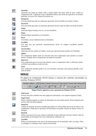 MaskEdit
Apresenta um campo de edição onde o usuário digita uma única linha de texto, similar ao
componente Edit. A diferença é que o MaskEdit fornece uma forma de especificar um formato
particular, tal como CEP, número de telefone, etc.
StringGrid
Cria uma tabela que pode ser usada para apresentar textos divididos em colunas e linhas.
DrawGrid
Cria uma tabela que pode ser usada para apresentar diversos tipos de dados em forma de tabela.
Image
Apresenta figuras bitmap, icon, etc. em um formulário.
Shape
Desenha figuras geométricas no formulário.
Bevel
Cria linhas e caixas tridimensionais no formulário.
ScrollBox
Cria uma área que apresenta automaticamente barras de rolagem (scrollbars) quando
necessário.
CheckListBox
Apresenta um lista similar ao ListBox, exceto que cada item possui também um CheckBox.
Splitter
Um componente Splitter pode ser colocado entre dois componentes para permitir ao usuário
alterar o tamanho desses componentes em tempo de execução.
StaticText
Este componente possui um texto não editável, como o componente Label. A diferença é pode-
se definir uma moldura ao redor do texto.
Chart
Este componente desenha gráficos em um formulário utilizando uma pequena planilha como
fonte de dados

WIN32
Os página de componente Win32 fornece a maioria dos controles encontrados na
interface Windows 95/NT.




                Página Win32: aplicativos com a aparência do Windows 95/NT.
TabControl
Fornece uma área contendo uma única página de informação e um conjunto etiquetas (Label).
PageControl
Define múltiplas paginas ou seções de informação em uma mesma janela. Possui etiquetas para
acessar cada uma dessas páginas.
ImageList
Coleção de imagens do mesmo tamanho que podem ser referenciadas através de um índice. Este
componente é usado para se gerenciar eficientemente um grande conjunto de figuras (ícones ou
bitmaps).
RichEdit
Define uma área de texto que suporta a definição de tipos diferentes de letras (fontes), além de
propriedades de formatação tais como alinhamento, tabulações, etc.
TrackBar
Define um determinado valor através do deslocamento de um apontador sobre um régua. Pode-
se configurar a orientação como vertical ou horizontal.


                                                                       Biblioteca de Classes       14
 