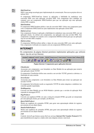 DdeClientConv
DDE é uma antiga tecnologia para implementação de comunicação. Para novos projetos deve-se
utilizar OLE.
O componente DDEClientConv fornece às aplicações a habilidade de estabelecer uma
conversão DDE com uma aplicação servidora DDE. Este componente deve trabalhar em
conjunto com um componente DDEClientItem para que sua aplicação seja uma aplicação
cliente DDE completa.
DdeClientItem
O componente DDEClientItem define o item da conversão DDE. Utilize este componente junto
com o componente DDEClientConv para implementar uma aplicação cliente DDE.
DdeServerConv
Este componente fornece à aplicação a habilidade de estabelecer uma conversão DDE com um
aplicação cliente. Ao utilizar este componentes, sua aplicação será uma servidor DDE. Este
componente é utilizado em conjunto com o componente DDEServerItem para que sua aplicação
seja um servidor DDE completa.
DdeServerItem
O componente DDEServerItem define o tópico de uma conversão DDE com outra aplicação.
Este componente é utilizado em conjunto com um componente DDEServerConv.

INTERNET
Os componentes da página Internet permitem implementar aplicações que utilizem
algum tipo de serviço Internet.




                   Pagina Internet: Componentes para aplicações Internet
ClientSocket
Acrescente este componente a um formulário ou Data Module da sua aplicação para torná-la
uma aplicação cliente TCP/IP.
O componente ClientSocket define uma conexão a um servidor TCP/IP, gerencia a abertura e a
finalização de uma conexão.
ServerSocket
Acrescente este componente a um formulário ou Data Module para tornar sua aplicação um
servidor TCP/IP.
O componente ServerSocket recebe as requisições TCP/IP de outras máquinas e estabelece tais
conexões quando requisitadas.
WebDispatcher
Converte um Data Module em um WEB Module e permite que o servidor de aplicação Web
responda às mensagens HTTP.
PageProducer
Converte um seqüência HTML em uma a string de comando HTML que pode ser interpretada
por uma aplicação cliente, por exemplo, um Browser.
QueryTableProducer
Monta um seqüência de comandos HTML para gerar uma apresentação tabular de registros
provenientes de um objeto Query.
DataSetTableProducer
Monta uma seqüência de comandos HTML para gerar uma apresentação tabular de registros
provenientes de um objeto DataSet.
FTP
Controle ActiveX que fornece acesso fácil aos serviços Internet File Transfer Protocol (FTP)
para transferência de arquivos e dados entre uma máquina remota e uma local.



                                                                    Biblioteca de Classes      16
 