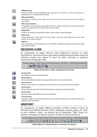 DBRadioGroup
Grupo de botões do tipo RadioButton que apresenta um conjunto de valores que podem ser
armazenados em um campo de uma tabela.
DBLookupListBox
Apresenta um campo de uma tabela cuja lista de possíveis valores provém de um campo de
outra tabela.
DBLookupComboBox
Componente do tipo Combo, que permite visualizar e editar um campo de uma tabela cuja lista
de possíveis valores provém de um campo de outra tabela.
DBRichEdit
Controle de edição que permite apresentar e editar campos memo formatados.
DBCtrlGrid
Permite apresentar e editar dados de forma tabular, sendo que cada célula pode conter vários
campos de um mesmo registro.
DBChart
Este componente desenha gráficos em um formulário utilizando uma tabela de banco de dados
como fonte de dados..

DECISION CUBE
Os componentes da página Decision Cube (disponíveis somente na versão
Client/Server) acrescenta recursos para análise multidimensional de dados através de
referência cruzada entre tabelas de banco de dados, utilizando as poderosas
característica da linguagem SQL.




                  Página DecisionCube: Análise multidimensional de dados
DecisionCube
Um depósito de dados multidimensional.
DecisionQuery
Forma especializada de Query usada para definir dados em um Decision Cube.
DecisionSource
Define o pivô atual de um componente DecisionGrid ou um componente DecisionGraph.
DecisionPivot
Botões utilizados para abrir ou fechar dimensões ou campos de um DecisionCube.
DecisionGrid
Apresenta dados multidimensionais de forma tabular.
DecisionGraph
Apresenta campos de um DecisionGrid como um gráfico dinâmico que se altera quando suas
dimensões são modificadas.

QREPORT
Os componentes da página QReport permitem construir relatórios através da
definição de da definição de faixas, títulos, cabeçalhos, sumários, grupos, etc. Pode-
se gerar relatórios a partir de qualquer tipo de DataSource: Table, Query, etc.
Durante a montagem do relatório é possível visualiza-lo através do Preview.



                Página QReport: Componentes para a construção de relatórios


                                                                    Biblioteca de Classes      19
 