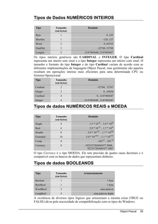 Tipos de Dados NUMÉRICOS INTEIROS

 Tipo           Tamanho                  Domínio
                (em bytes)
 Byte               1                                       0..255
 ShortInt           1                                   -128..127
 Word               2                                    0..65535
 SmallInt           2                              -32768..32768
 Longint            4                 -2147483648..2147483647
Os tipos inteiros genéricos são CARDINAL e INTEGER. O tipo Cardinal
representa um inteiro sem sinal e o tipo Integer representa um inteiro com sinal. O
tamanho e formato do tipo Integer e do tipo Cardinal variam de acordo com as
diferentes implementações da linguagem Object Pascal, mas geralmente são aqueles
resultam em operações inteiras mais eficientes para uma determinada CPU ou
Sistema Operacional.
 Tipo           Tamanho                  Domínio
                (em bytes)
 Cardinal           2                             -32768.. 32767
 Integer            2                                    0.. 65636
 Cardinal           4                             0.. 2147483647
 Integer            4                 -2147483648.. 2147483647

Tipos de dados NUMÉRICOS REAIS e MOEDA

 Tipo           Tamanho                  Domínio
                (em bytes)
 Single             4                     1.5 * 10-45 .. 3.4 * 1038
 Real               6                     2.9 * 10-39 .. 1.7 * 1039
 Double             8                    5.0 * 10-324 .. 1.7 * 10308
 Extended          10                  3.4 * 10-4932 .. 1.1 * 104392
 Comp               8                              -26310 .. 263-10
 Currency           8                  -922337203685477.5808..
                                         922337203685477.5807
O tipo Currency é o tipo MOEDA. Ele tem precisão de quatro casas decimais e é
compatível com os bancos de dados que representam dinheiro.

Tipos de dados BOOLEANOS

 Tipo           Tamanho              Armazenamento
                (em bytes)
 Boolean            1                                        1 byte
 ByteBool           1                                        1 byte
 WordBool           2                                 uma palavra
 LongBool           4                          uma palavra dupla
A existência de diversos tipos lógicos que armazenam a mesma coisa (TRUE ou
FALSE) dá-se pela necessidade de compatibilização com os tipos do Windows.


                                                                       Object Pascal   38
 