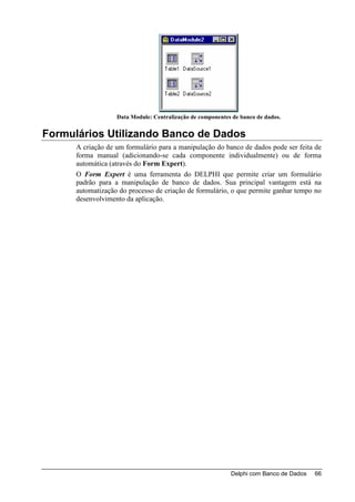 Data Module: Centralização de componentes de banco de dados.


Formulários Utilizando Banco de Dados
      A criação de um formulário para a manipulação do banco de dados pode ser feita de
      forma manual (adicionando-se cada componente individualmente) ou de forma
      automática (através do Form Expert).
      O Form Expert é uma ferramenta do DELPHI que permite criar um formulário
      padrão para a manipulação de banco de dados. Sua principal vantagem está na
      automatização do processo de criação de formulário, o que permite ganhar tempo no
      desenvolvimento da aplicação.




                                                            Delphi com Banco de Dados   66
 