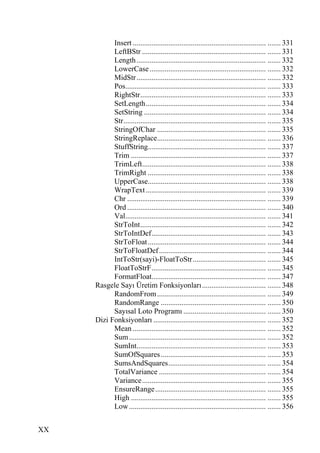 Insert ....................................................................... ....... 331
           LeftBStr .................................................................. ....... 331
           Length ..................................................................... ....... 332
           LowerCase .............................................................. ....... 332
           MidStr ..................................................................... ....... 332
           Pos........................................................................... ....... 333
           RightStr................................................................... ....... 333
           SetLength................................................................ ....... 334
           SetString ................................................................. ....... 334
           Str............................................................................ ....... 335
           StringOfChar .......................................................... ....... 335
           StringReplace.......................................................... ....... 336
           StuffString............................................................... ....... 337
           Trim ........................................................................ ....... 337
           TrimLeft.................................................................. ....... 338
           TrimRight ............................................................... ....... 338
           UpperCase............................................................... ....... 338
           WrapText ................................................................ ....... 339
           Chr .......................................................................... ....... 339
           Ord .......................................................................... ....... 340
           Val........................................................................... ....... 341
           StrToInt................................................................... ....... 342
           StrToIntDef............................................................. ....... 343
           StrToFloat ............................................................... ....... 344
           StrToFloatDef ......................................................... ....... 344
           IntToStr(sayi)-FloatToStr....................................... ....... 345
           FloatToStrF............................................................. ....... 345
           FormatFloat............................................................. ....... 347
     Rasgele Sayı Üretim Fonksiyonları.................................. ....... 348
           RandomFrom .......................................................... ....... 349
           RandomRange ........................................................ ....... 350
           Sayısal Loto Programı ............................................ ....... 350
     Dizi Fonksiyonları ............................................................ ....... 352
           Mean ....................................................................... ....... 352
           Sum ......................................................................... ....... 352
           SumInt..................................................................... ....... 353
           SumOfSquares ........................................................ ....... 353
           SumsAndSquares.................................................... ....... 354
           TotalVariance ......................................................... ....... 354
           Variance.................................................................. ....... 355
           EnsureRange ........................................................... ....... 355
           High ........................................................................ ....... 355
           Low ......................................................................... ....... 356


XX
 