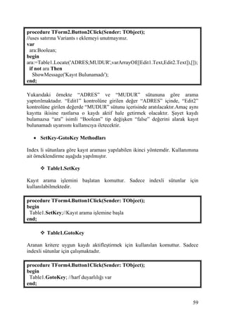 procedure TForm2.Button2Click(Sender: TObject);
//uses satırına Variants ı eklemeyi unutmayınız.
var
  ara:Boolean;
begin
ara:=Table1.Locate('ADRES;MUDUR',varArrayOf([Edit1.Text,Edit2.Text]),[]);
  if not ara Then
    ShowMessage('Kayıt Bulunamadı');
end;

Yukarıdaki örnekte “ADRES” ve “MUDUR” sütununa göre arama
yaptırılmaktadır. “Edit1” kontrolüne girilen değer “ADRES” içinde, “Edit2”
kontrolüne girilen değerde “MUDUR” sütunu içerisinde aratılacaktır.Amaç aynı
kayıtta ikisine rastlarsa o kaydı aktif hale getirmek olacaktır. Şayet kaydı
bulamazsa “ara” isimli “Boolean” tip değişken “false” değerini alarak kayıt
bulunamadı uyarısını kullanıcıya iletecektir.

   • SetKey-GotoKey Methodları

Index li sütunlara göre kayıt araması yapılabilen ikinci yöntemdir. Kullanımına
ait örneklendirme aşağıda yapılmıştır.

         Table1.SetKey

Kayıt arama işlemini başlatan komuttur. Sadece indexli sütunlar için
kullanılabilmektedir.

procedure TForm4.Button1Click(Sender: TObject);
begin
 Table1.SetKey;//Kayıt arama işlemine başla
end;

         Table1.GotoKey

Aranan kritere uygun kaydı aktifleştirmek için kullanılan komuttur. Sadece
indexli sütunlar için çalışmaktadır.

procedure TForm4.Button1Click(Sender: TObject);
begin
 Table1.GotoKey; //harf duyarlılığı var
end;


                                                                            59
 
