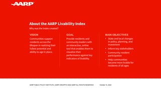 About the AARP Livability Index
Why was the Index created?
VISION
Communities support
residents across the
lifespan in rea...